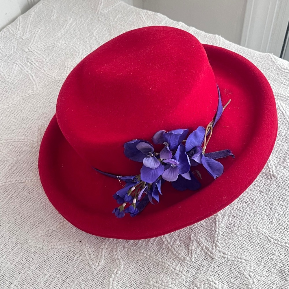 Wool Felt Boater Hat Womens Red Purple Flower Vintage Made in USA Derby